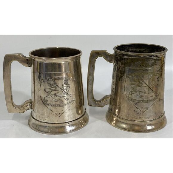 Antique Pair Silverplate British Stein Tankard Hand Etched Lion Crest Guild - Picture 1 of 15
